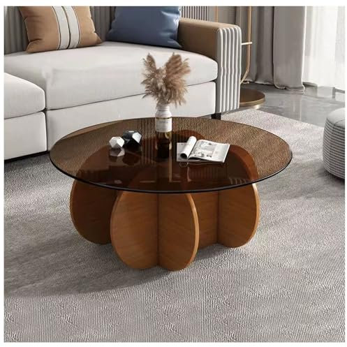 Couchtisch Glas mit Holzsockel Durchmesser 80cm Glastisch Wohnzimmer Runder Kaffeetisch Beistelltisch Moderne für Sofa Home Office