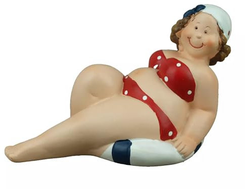 Generisch Deko Figur Mollige Badenixe Dicke Dame Frau im Badeanzug Urlauberin Badefrau Polyresin Schwimmring (3999ROT-C)