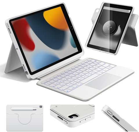 HOU Combo Teclado iPad 9.ª generación(10,2,2021),8.ª 2020/7.ª generación 2019.Trackpad multitáctil, retroiluminación de 7 Colores,giratoria y Desmontable,Modo Vertical/Horizontal,Español Ñ Blanco
