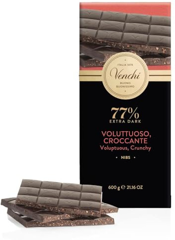 Venchi - Maxi 77% Nibs Chocolate Bar, with Extra Dark Chocolate and Cacao Nibs, 600g, Gluten-Free, No Colourants or Preservatives