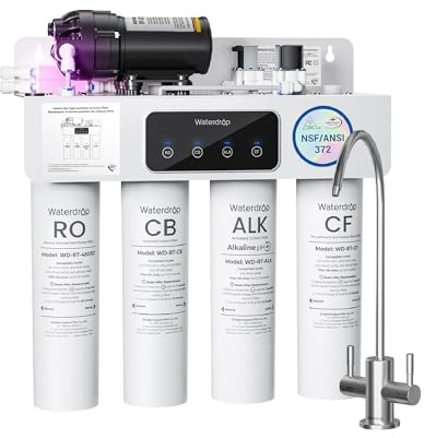 Waterdrop T4-A Alcalino pH+ Osmosi Inversa Sistema, Filtrazione a 10 Stadi | Certificato NSF/ANSI 372, 450 GPD, Sistema RO, Rapporto 2:1, Rubinetto Doppio Flusso, con Alimentazione Elettrica