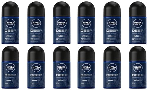 12x NIVEA MEN DEEP Roll-on Deodorant mit antibakterieller Formel mit Aktivkohle Anti-Atmungsaktiv für 72h intensive Frische Deodorant ohne Ethylalkohol,50ml (12er Pack)