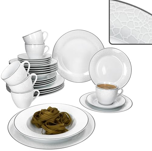 MamboCat Venedig 30tlg Kombiservice I weißes Porzellan Geschirr I 6 Personen I je 6x Tassen, Untertassen, Kuchen-, Suppen- & Speiseteller I Relief in Kieselstein-Optik