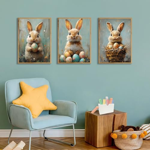 Xiyocadt 3er Ostern Poster Set,Niedlichen Hasen,Eiern Wandbilder Set Poster & Kunstdrucke,Bilder Kinderzimmer Deko Babyzimmer,Geschenk Mädchen Jungen,Ohne Rahmen (40x60cm)