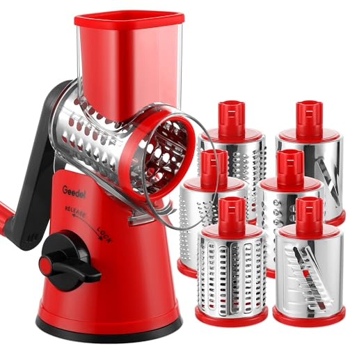 Geedel Rotary Cheese Grater, Vegetable Slicer Graters for Kitchen, 6 Blades | Versatile, Time-saving, 12x Fast Cutting, 430 Stainless Steel, Safe to Use, Dishwasher-Safe, Strong Suction Base, Detachable