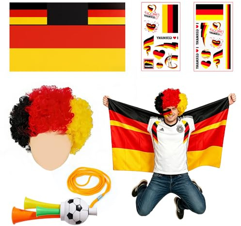 SGZIOO Deutschland Fanartikel, 4-Teilig Fanpaket EM Fußball, Perücke, Vuvuzela, Fanponcho, Tattoos, EM Deko Deutschland für Public Viewing und Fußball Party