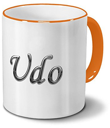 printplanet Tasse mit Namen UDO - Motiv Chrom-Schriftzug - Namenstasse, Kaffeebecher, Mug, Becher, Kaffeetasse - Farbe Orange