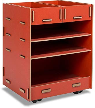 Modulor Kinder-Rollcontainer aus beschichtetem MDF, Schreibtisch Rollschrank (BxHxT: 38 x 49 x 34 cm) mit Zwei Schubladen und DREI Fächern, rot