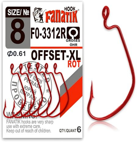 FANATIK Haken Offset FO-3312-XL gr. 8, 6, 4, 2, 1, 1/0, 2/0, 3/0, 4/0, 5/0 jig Angel Fishing Hook für Gummiköder (Rot, 52mm - #5/0-2 Stück)