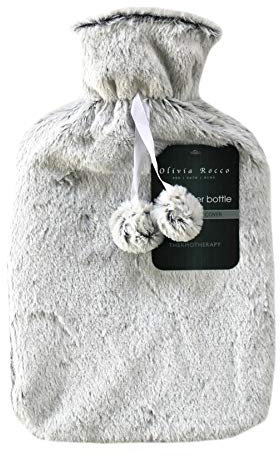 Olivia Rocco Plain Faux Fur Hot Water Bottle with Pom Poms Thermotherapy Hotwater Plush Fleece Bottles Winter Gift, Two Tone Grey