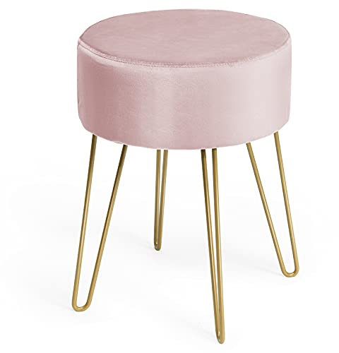GIANTEX Tabouret Coiffeuse en Velours, Chaise Coiffeuse Chambre avec Pieds Dorés en Métal, Pouf Ottoman Rond, Repose-Pieds, Tabouret Velours pour Chambre, Salon, Vestiaire(Rose)