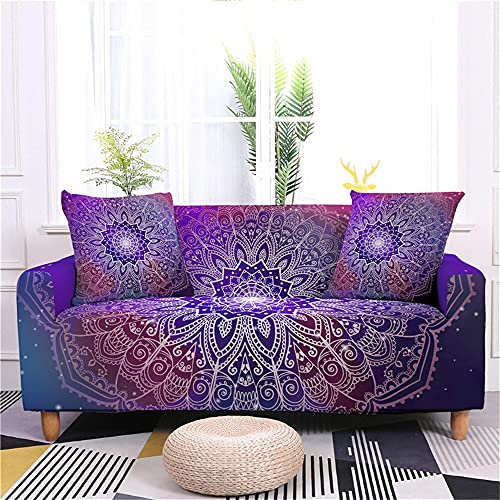 FANSU Copridivani Elastici 1 2 3 4 Posti,Copridivano Stampa Colorata Mandala 3D,Universale Copridivani con Braccioli,Poliestere Antiscivolo Copri Divano +1 Federe (Viola,2 posti(145-185cm))