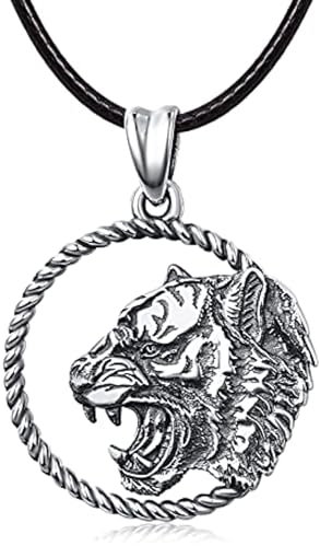 KINGWHYTE Tiger Halskette 925 Sterling Splitter Gothic Tiger Geschenke Tierschmuck mit Lederseil 50cm für Männer Frauen Jungen
