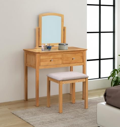 Hallowood Furniture Hereford Light Oak Dressing Table Set with Stool and Mirror, Wooden Console Table with Swivel Mirror & Stool with Grey Padded Seat, Vanity Makeup Table Set