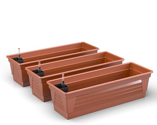 Plastard Blumenkasten Milano 3er Set 100 cm lang Farbe Terrakotta mit Wasserspeicher und Wasserstandsanzeige Pflanzkasten für Garten und Balkon witterungsbeständig für Innen und Außen