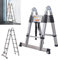 Stainless Steel Telescoping Telescopic Ladder 12.5ft/6.2+6.2ft A Frame Folding Straight Ladder Portable Extension Heavy Duty Compact Ladder with Support Bar 330lb Load Capacity EN131 Safe Standard