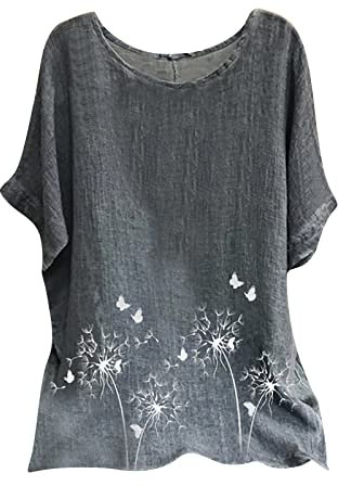 UK Stock Women's Summer Tops and Blouses - Round-Neck Short Sleeve Print Casual T-Shirt & Tunic Shirts - Plus Size