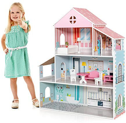 COSTWAY Casa delle Bambole di Legno, Casetta delle Bambole con 8 Mobili, 3 Piani, 5 Stanze con Ingresso, Regalo per Bambini 3+ Anni