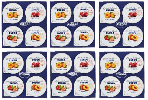 Zuegg Monoporzioni Lot de 6 pots de confitures en portions individuelles 4 saveurs différentes abricot pêche cerise fraise 100 g (4 x 25 g) pâtes à tartiner aux fruits