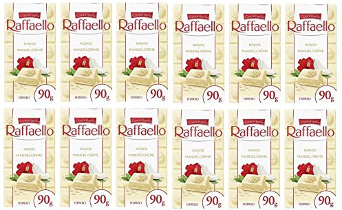 12x Ferrero Raffaello Crema di Mandorle e Cocco Gefüllte Weiße Schokolade mit Mandelcreme und Kokos 90g Riegel