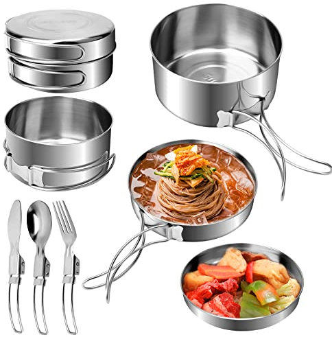 Kit Utensilios de Cocina Camping Portátil 7Pcs, Juego de Olla y Sarten de Acero Inoxidable Apilable para 1-2 Personas con Cubiertos Plegables para Acampar Excursión/Senderismo/Viaje/Picnic