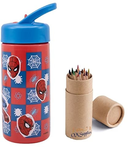 OM SUPPLIES Spiderman - Botella de agua reutilizable con asa integrada para facilitar el transporte escolar, almuerzo, niños, 410 ml (Spiderman)