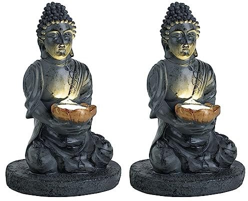 GLOBO Solarleuchte Buddha Gartendeko Feng Shui Buddha Solarlampe, grau, 1x 0,06 Watt, DxH 18x28 cm, 2er Set