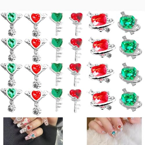 24Stk 3D Herz Zepter Zirkon Nagel Charms, Herz Nagel Charms, glänzender Zauberstab und Herz Nägel Strasssteine für Frau DIY Kristall Dekoration, Diamant Flatback Diamant Herz für Nagel Hochzeit