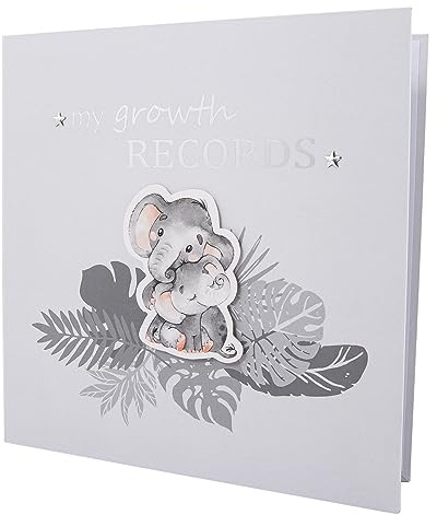 Happy Homewares Grey Elephant Themed Cute Baby Growth Records Book with 32 Pages to Personalise | First Adventure, Picture Spaces, Envelope for First Haircut, First Christmas etc