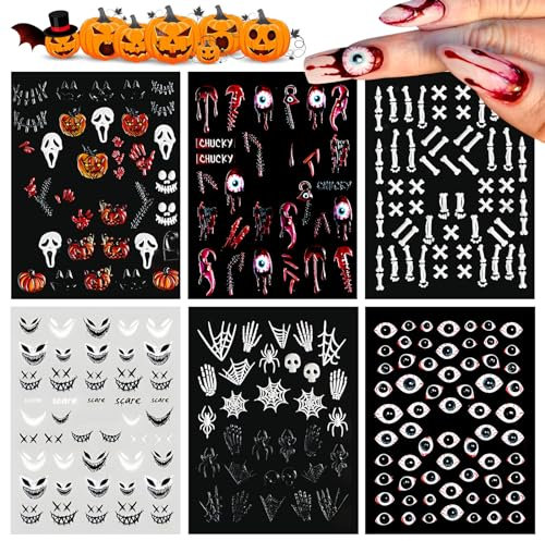 6 Blatt Halloween Nagelsticker, 5D Stereoskopisch Selbstklebend Nagel Aufkleber mit Web Kürbis Fledermaus Schädel Spinne, DIY Maniküre Dekor Sticker für Halloween (Schwarz)