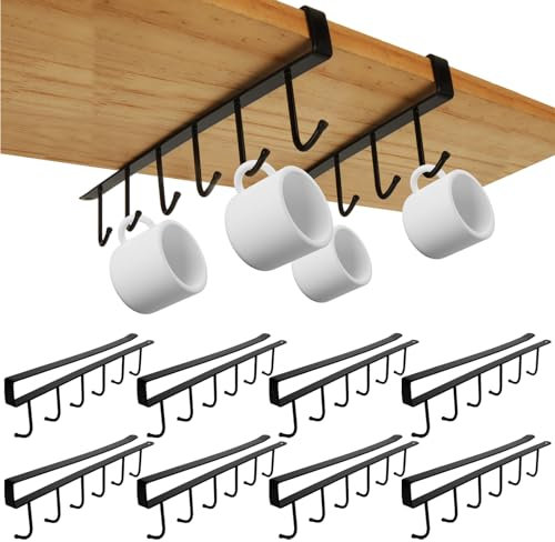 ZOFUN 10 Pcs Mug Holders for Kitchen, 265 x 70 x 15 mm Mug Hooks Under Shelf with 6 Hooks, Black Cup Holder Under Cupboard, Iron Hanging Mug Holders for Kitchen, Cupboard, Mugs & Cup Hanging