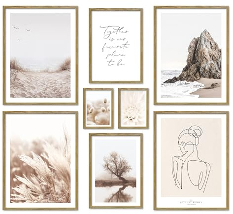 ARTFAVES® Poster Set - BEIGE HARMONY - mehrteilige Wanddeko Wohnzimmer & Schlafzimmer - 8 moderne Wandbilder Natur, beige, Strand, Meer, Line-Art, Pampasgras - mit Rahmen Eiche-Optik