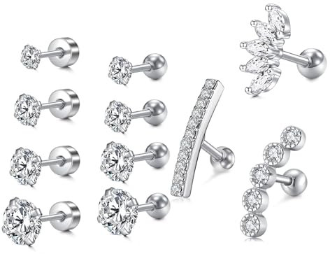 WillTen 11pcs 16G Helix Piercings Chirurgenstahl, Knorpel Ohrpiercing Tragus Piercing Silber Daith Ohrringe Körper Ohr Piercing Schmuck 6mm