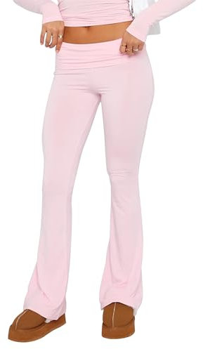 LSFYSZD Damen Yogahose mit umklappbarem Bund, dehnbar, ausgestellte Hose, Leggings, Glockenhose, hellrosa, M
