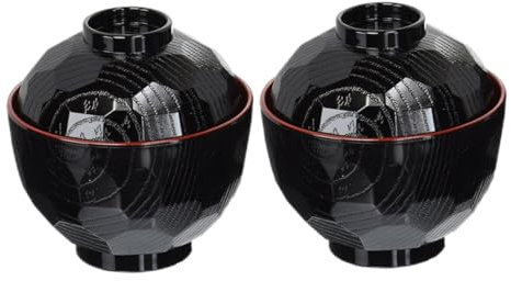 Bols japonais traditionnels bols de soupe miso riz léger avec couvercle noir et couleur rouge 2pcs, bols ramen