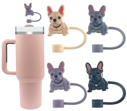 Velaco 4Pcs 0.4in/10mm Diameter Silicone Straw Covers Cap Compatible with Stanley 20 30&40 Oz Cup, Cute Dog Straw Toppers for Stanley 40 Oz Tumbler with Handle, Dust-Proof Straw Caps for Water Bottle