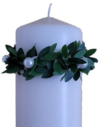 Kerzenring mit Perlen Kerzenrock Tropfenfänger Buchsbaum Tropfschutz Hochzeit Taufe Kommunionkerze Taufkerze Konfirmation Kommunion weiß für Kerze 4-8 cm