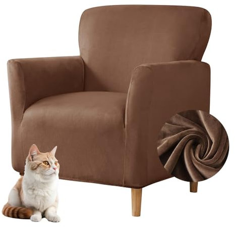 Highdi Stretch Sesselbezug Samt Sesselhusse Sesselschoner rutschfest mit Armlehnen, Sofa Überzug 1 Sitzer Sesselüberwurf für Relax-Sessel, Cocktailsessel, Clubsessel, Universal (Braun)