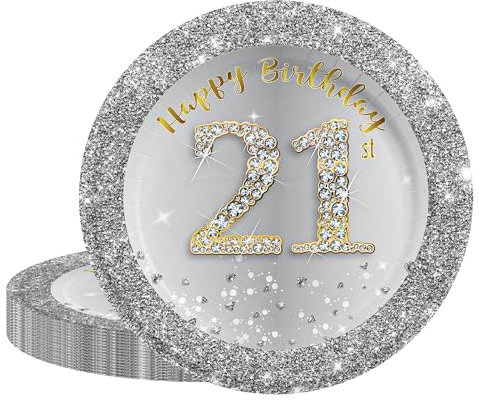 21st Party Plates 7 inch Silver Gold,21st Birthday Paper Plates Silver 16Pcs,21st.SilverGold BirthdayParty Paper Tableware Set for Him Her Birthday Gifts,21stMen Women BirthdayParty Decorations