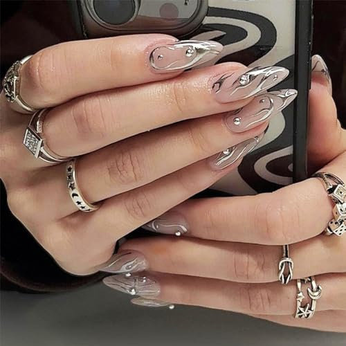 NICENEEDED 24 Pcs Long Stiletto Press on Nails, Medium Almond Fake Nails, Sliver Glue on Nails Rhinestone Stiletto Acrylic Nails Pearl Nails Tips Halloween