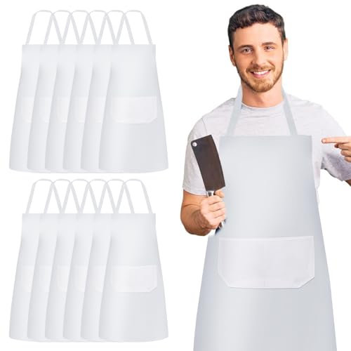 SPORWAY 12 grembiuli da cucina: grembiule regolabile con 2 tasche, unisex, bianco, 76 cm x 64 cm