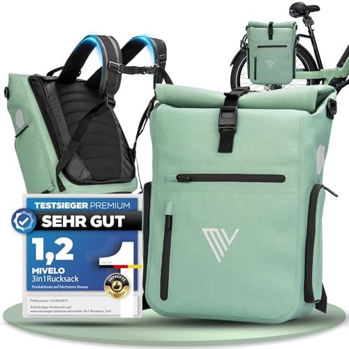 MIVELO 3in1 Fahrradtasche für Gepäckträger I Rucksack & Gepäckträgertasche hinten - in 15 Sekunden umgebaut I Fahrradrucksack 100% wasserdicht I Tasche Fahrrad Inkl. Laptopfach + Schultergurt (Mint)