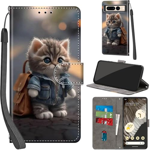 Haninsuze Handyhülle für Google Pixel 7 Pro Hülle, Katze | PU Leder, Klappbar, Kartenfächer, Ständer, Kameraschutz, Brieftasche, Magnet, Stoßfeste, Muster Motiv