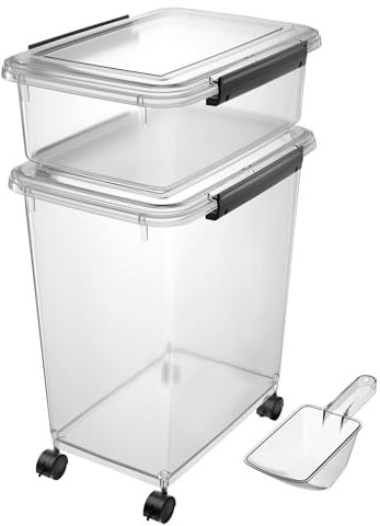 Cetomo Dog Food Storage Container, Airtight Food Containers with Wheels, Silicone Seal and Snap Locks, Plastic Pet Food Bin with Lid for Dogs, Cats, Pets, Animal, Clear, 10L/3.5kg+32L/+12kg (1 Scoops)
