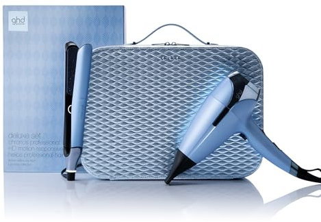 ghd Chronos & Helios Limited Edition - Hair Straighteners & Hair Dryer in ICY Blue with Iced Luxe Deluxe Vanity Case, for Faster Blow Drying and Styling with More Shine, UK Plug (Limited Edition)