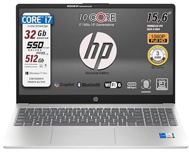 HP 250 G10, notebook pc portatile, Intel Core i7 1355u,13Th, 10Core, Ram 32Gb, SSD 512Gb, 15.6 ips FHD, wi-fi 6, webcam HD, tastiera retroilluminata, fingerprint, Win 11Pro, Garanzia Italia