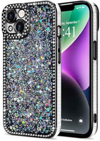 Lafunda Glitzer Hülle Kompatibel mit iPhone 14 Handyhülle Mädchen Schuzhülle Glänzend Sparkle Diamond Hülle 3D Bling Kirstall mit Kameraschutz Case für iPhone 14 Schwarz