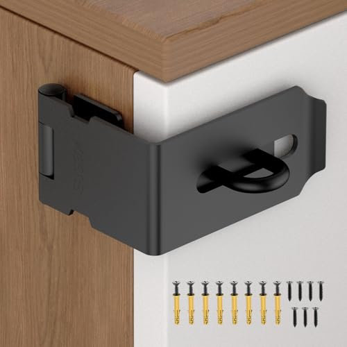 YogePote 90 Degree Hasp Latch, Heavy Duty 304 Stainless Steel Padlock Hasp Lock for Padlock with Screws, Right Angle File Cabinet Latch Lock for Desk Drawer, Tool Box, Mailbox, Bookcase (Black-1pc)