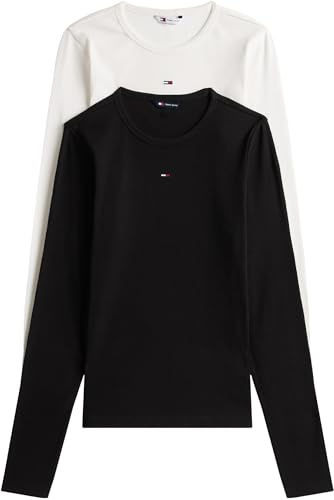 Tommy Jeans Women's 2 Pack Slim Essential Rib Round Neck Long Sleeve Tops