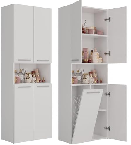 BDW Badezimmerschrank, Wäschekorb, 4 - Türen 174 x 60 x 30cm Unterschrank, Waschbeckenunterschrank, Hochschrank, Badmöbel, Bad-Hochschrank, Badregal, NEL 1K/DK (Weiß)